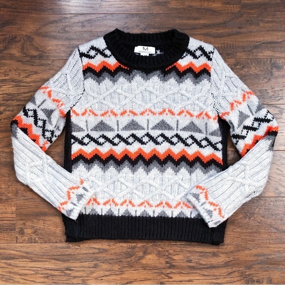 Magaschoni • chunky sweater fair isle Scandi cable knit orange grey black ski - Picture 3 of 10